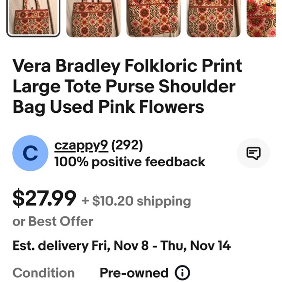 Vera Bradley Folkloric print large tote purse shoulder bag - Picture 8 of 9